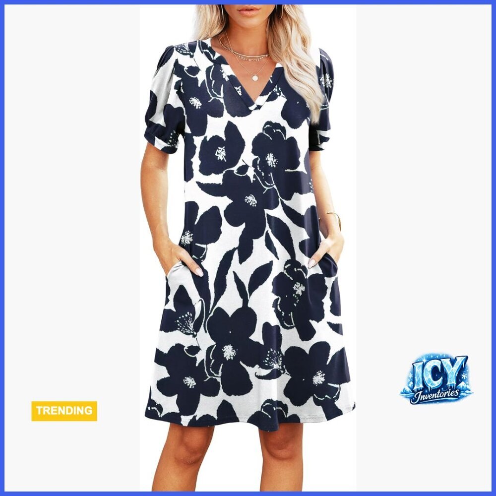 V-Neck Summer Casual Sundress with Pockets, Short Sleeve Swing Dress